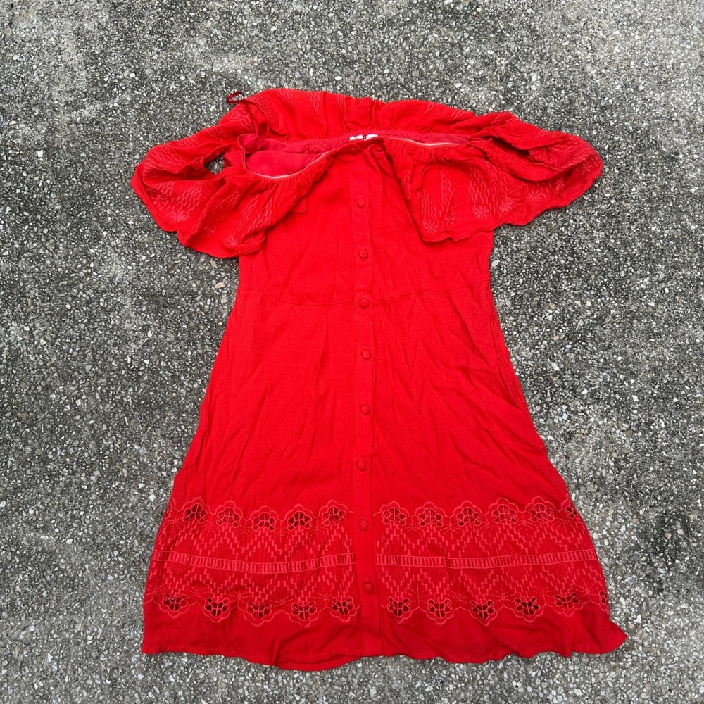Sugar Lips Red Off The Shoulder Button Front Embroidered Eyelet Mini Dress